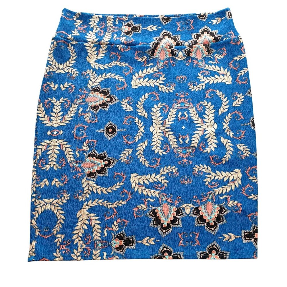 LuLaRoe 3XL Cassie Women Blue Beige Floral Pattern Stretch Pencil Skirt 40+ Wais